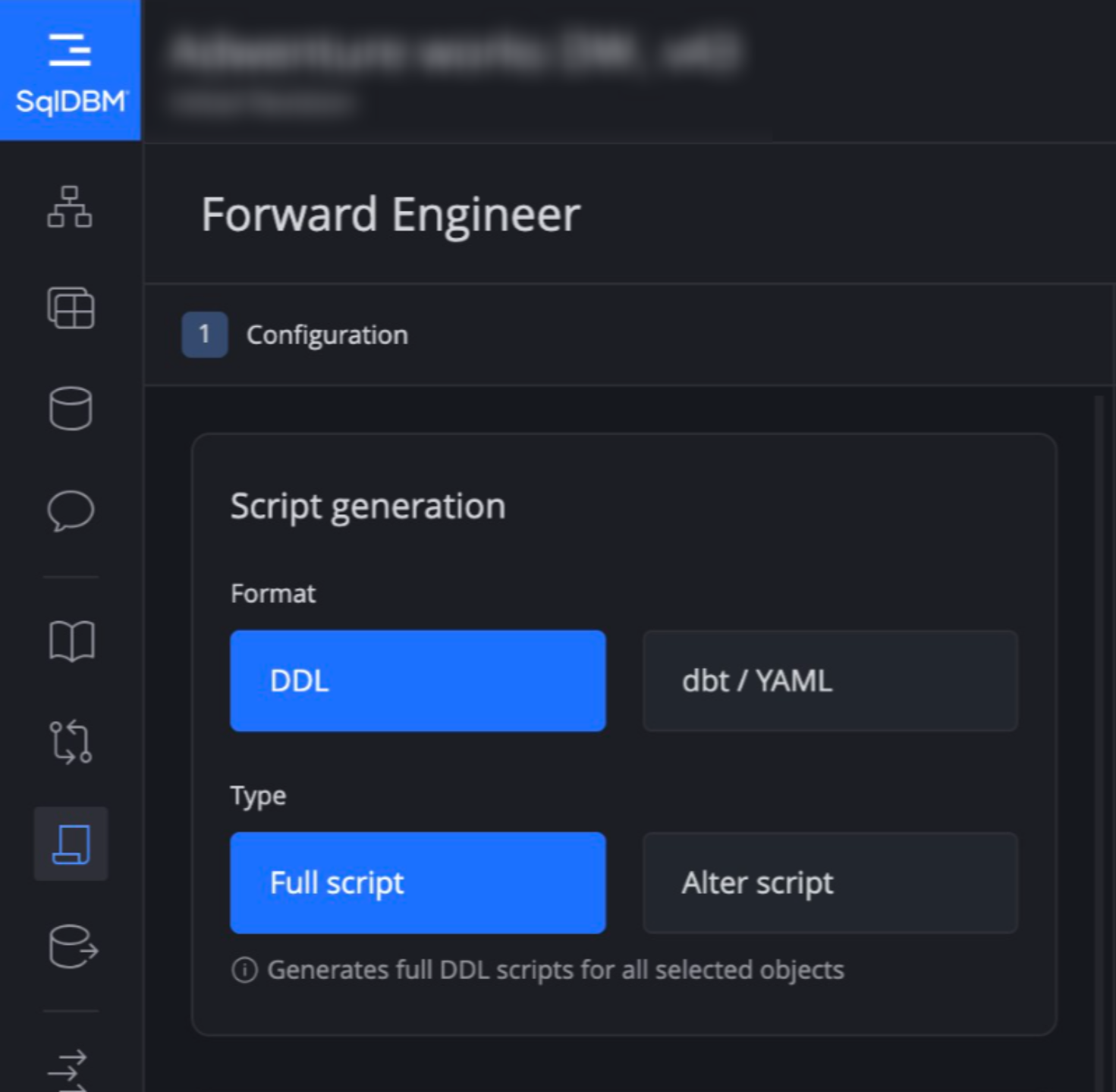 Script generation cards showing DDL + Full script selected.png