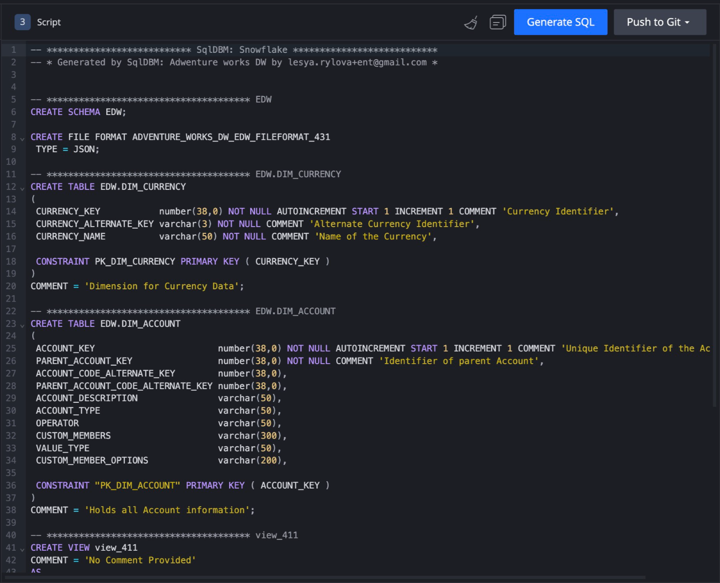 Generated script panel with Copy and Push to Git buttons visible.png