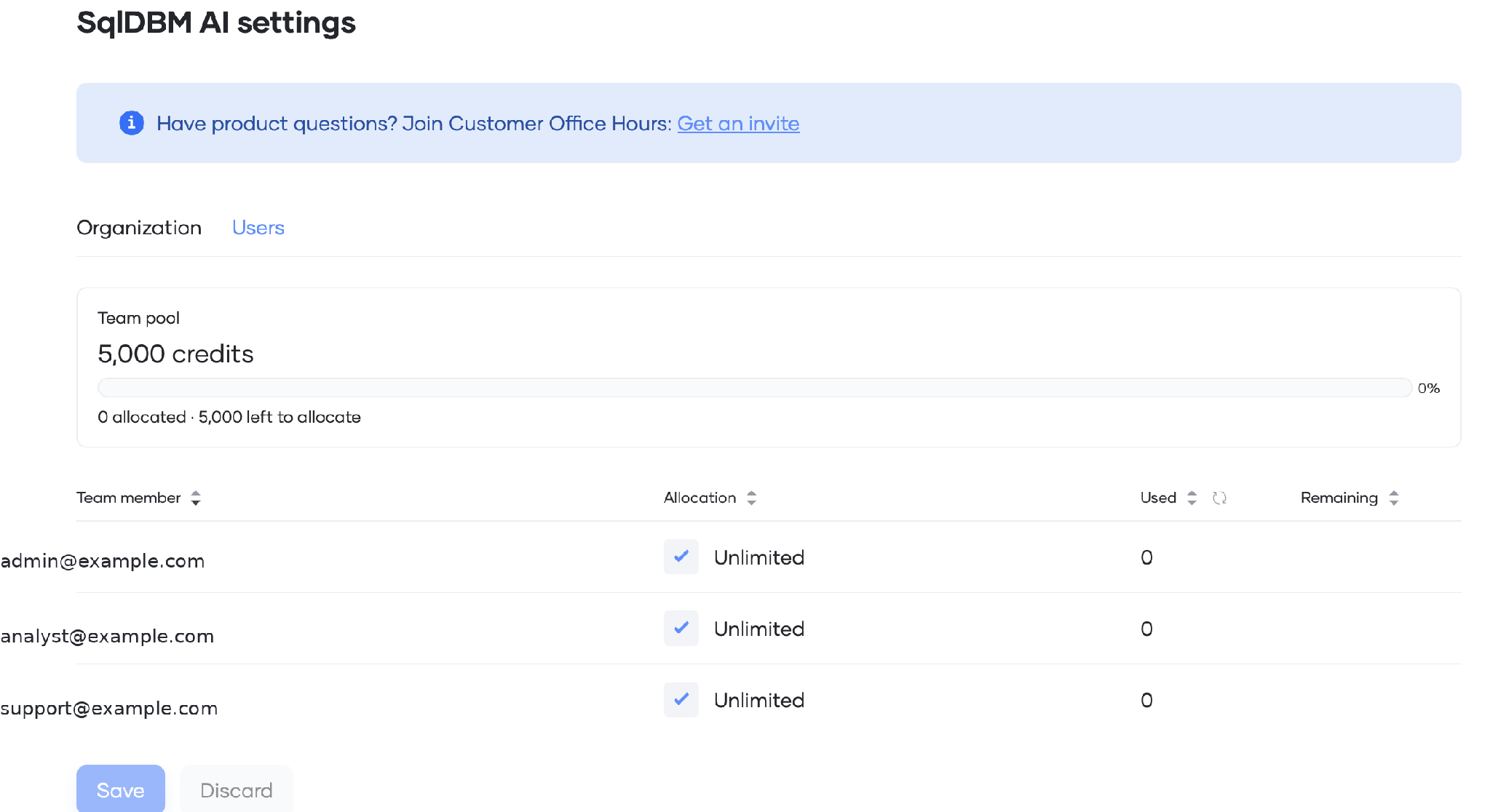 Users tab showing team pool before user credit allocation.