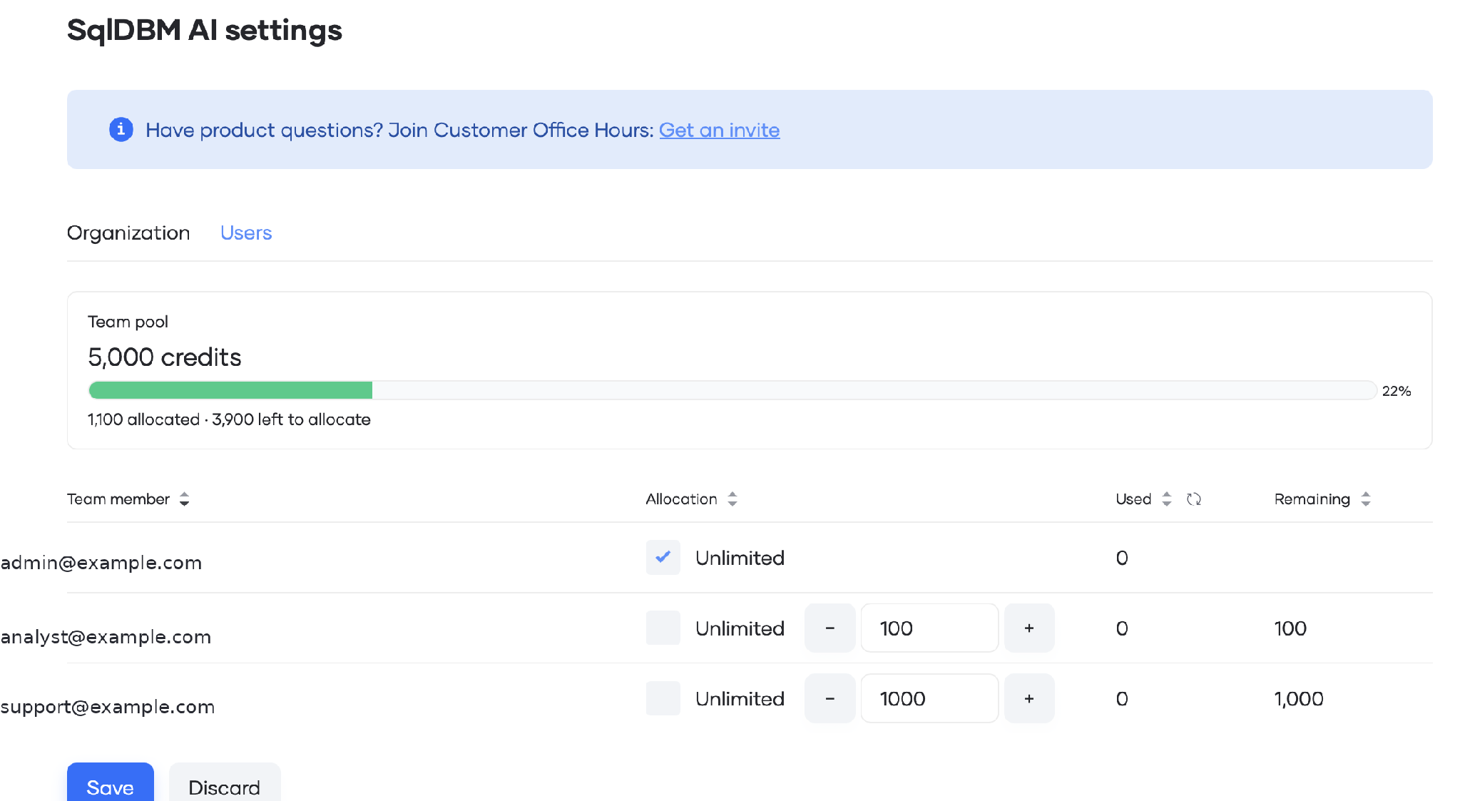 Users tab showing fixed user credit allocations and the updated team pool balance.