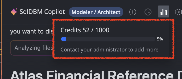 SqlDBM Copilot credit usage indicator showing 52 of 1000 credits used and 5 percent usage.