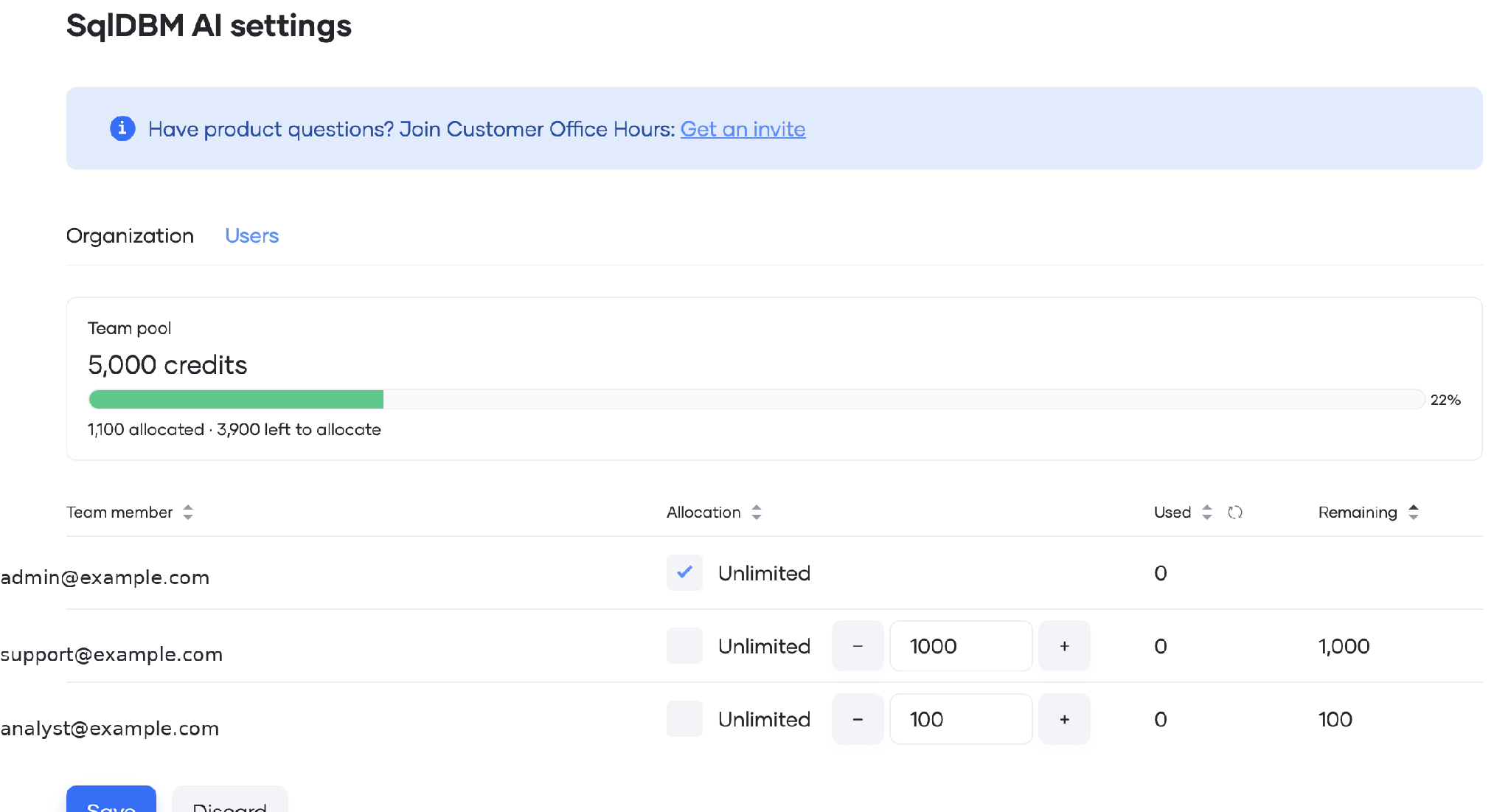 Users tab showing allocated users and remaining user balances.